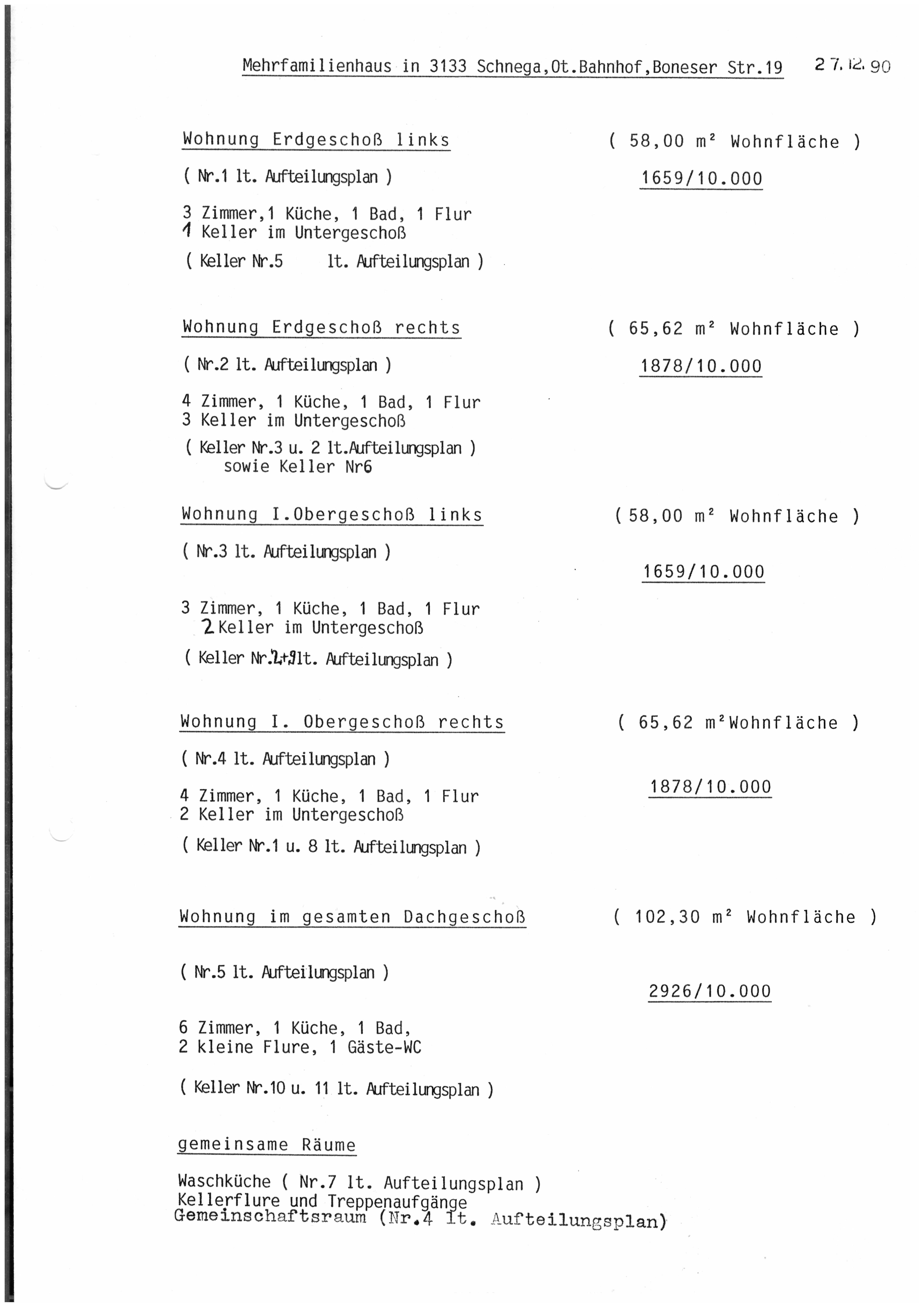 Aufteilungs- und Wohnflaechenaufstellung vom 27.12.1990